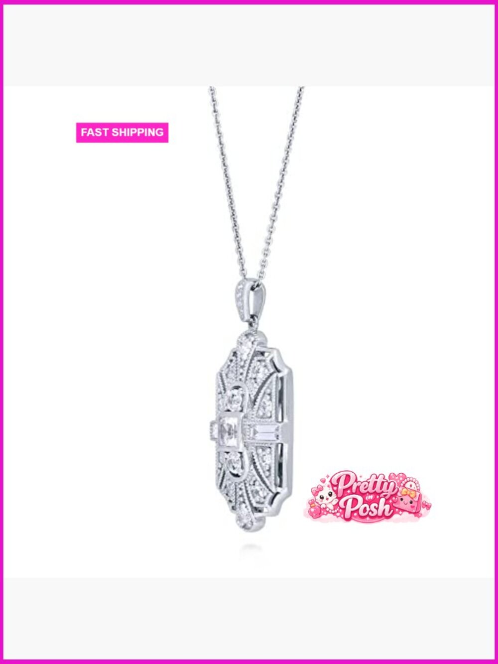 Sterling Silver Art Deco Milgrain Pendant Necklace Cubic Zirconia 18 inch - Picture 2 of 7